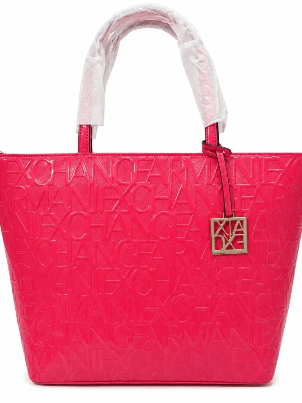 Armani Exchange Pink Embossed Logo Patent Leather Tote Bag Zip Top A|X